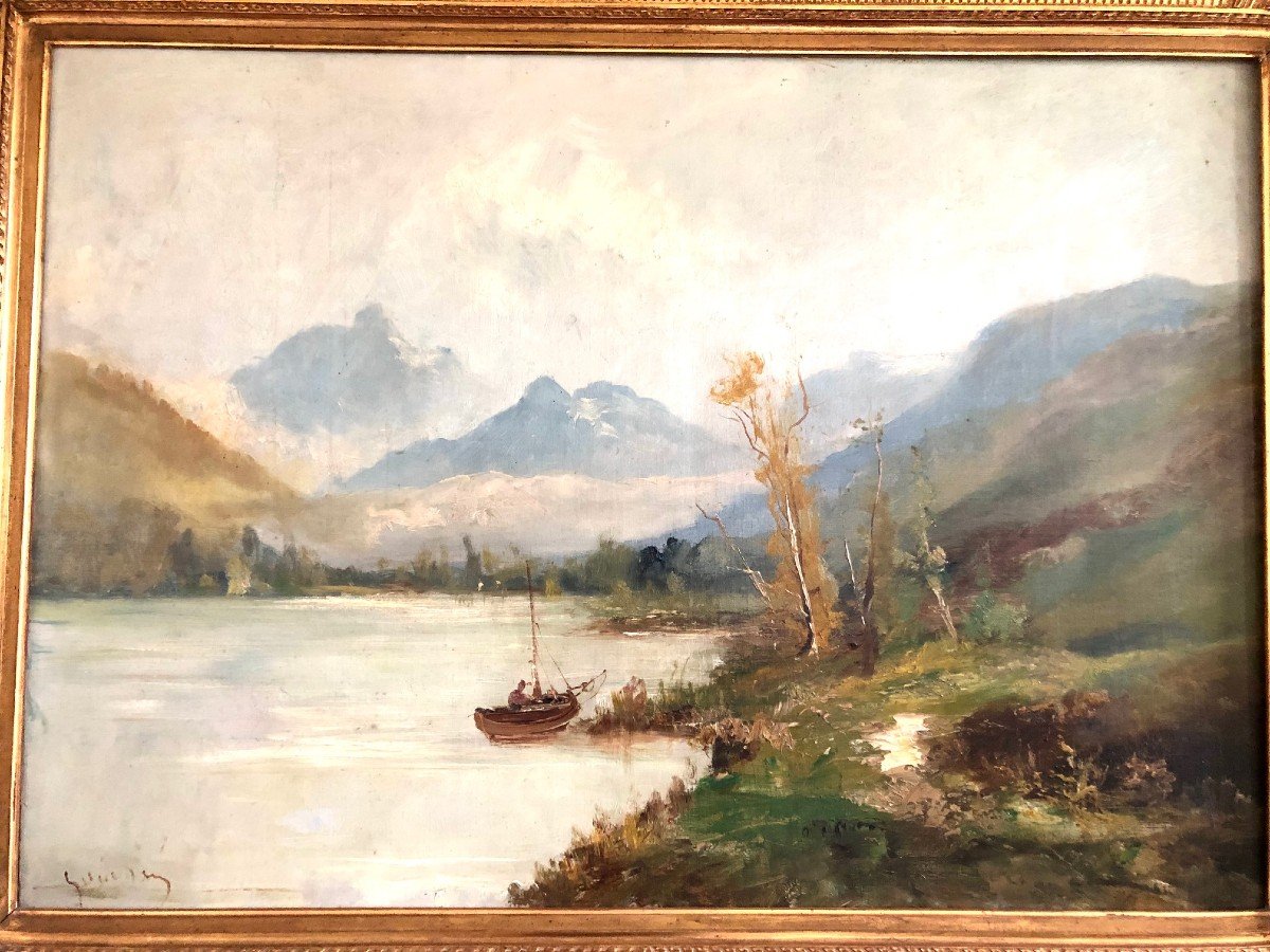Godchaux Animated Mountain Lake, Large Oil On Canvas Well Framed-photo-2