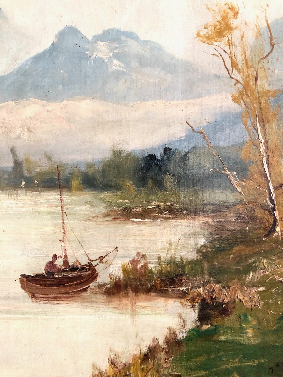Godchaux Animated Mountain Lake, Large Oil On Canvas Well Framed-photo-4