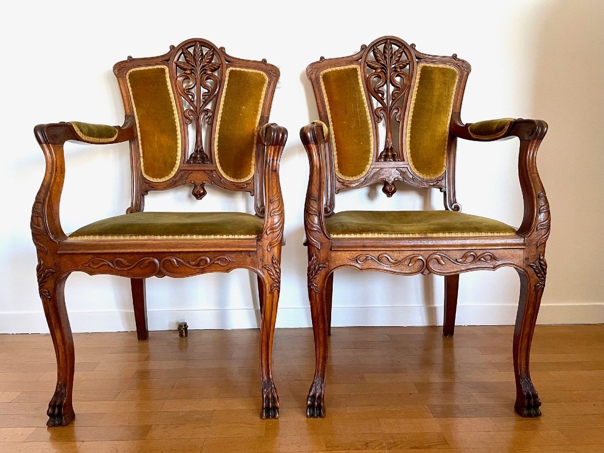 Pair Of Art Nouveau Walnut Armchairs