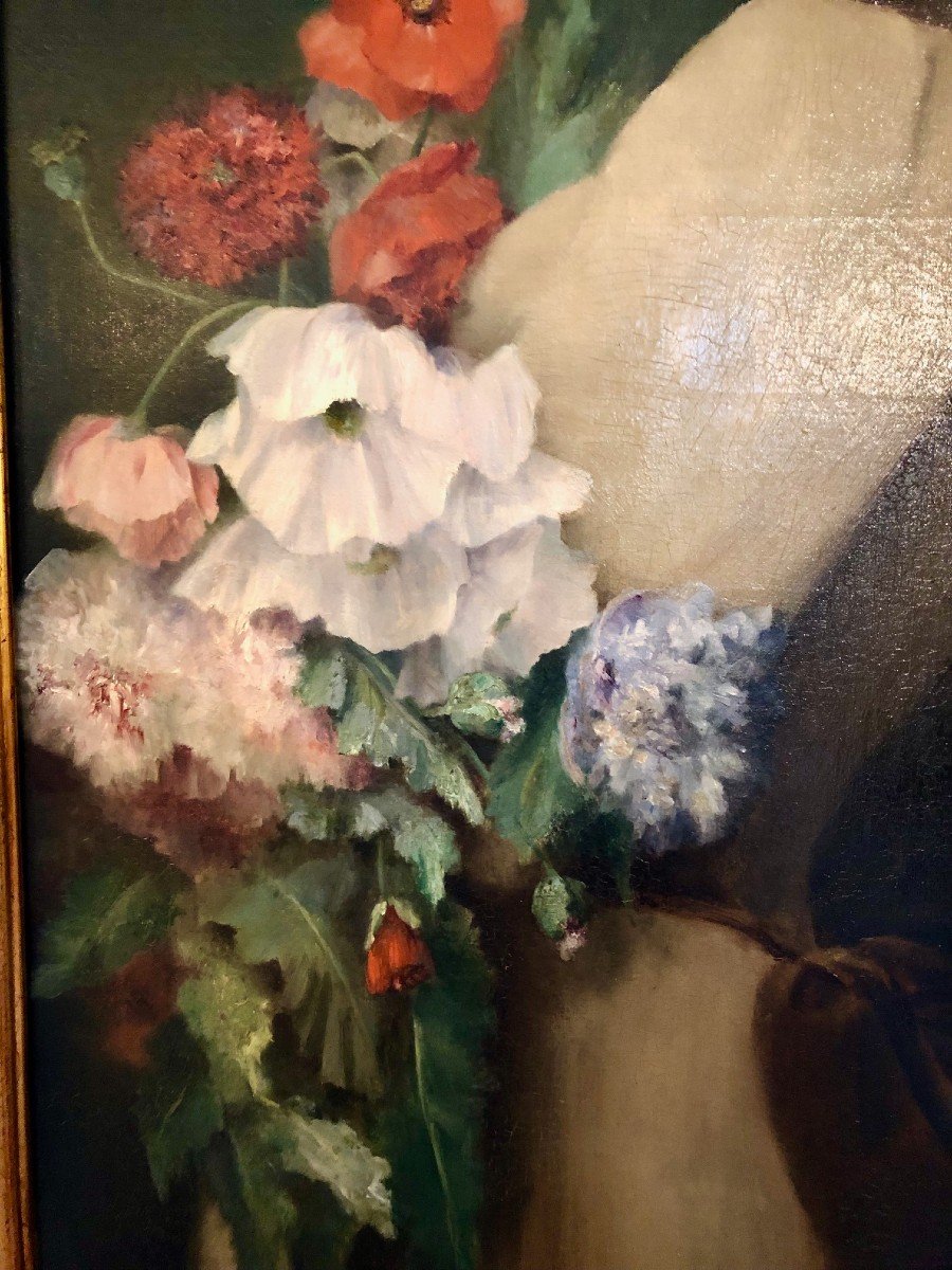 Harriet Harrisson XIXe (attribué à) : Grande Huile Sur Toile : Femme Au Bouquet De Fleurs -photo-4