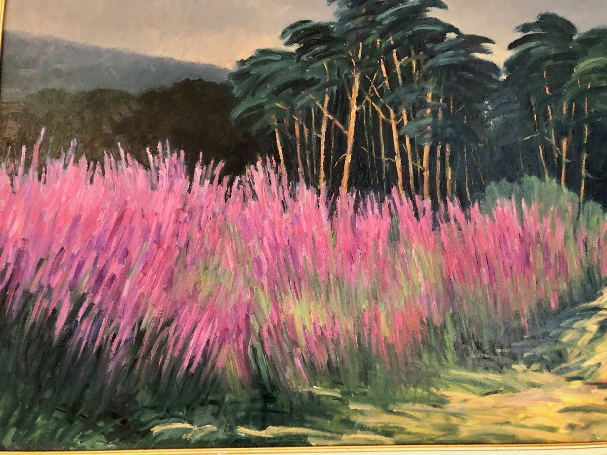 "pines And Foxgloves" Lionel Ouine (1937 - 1994) Large Oil On Canvas From 1988-photo-1