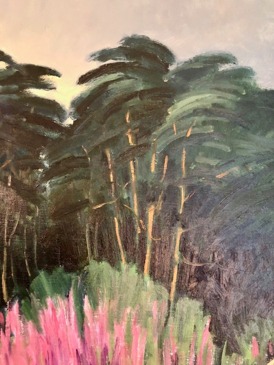"pines And Foxgloves" Lionel Ouine (1937 - 1994) Large Oil On Canvas From 1988-photo-2