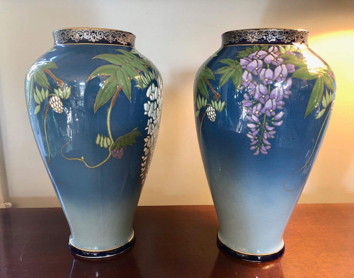 Paire De Vases Boch Keramis à Décor De Glycines -photo-2