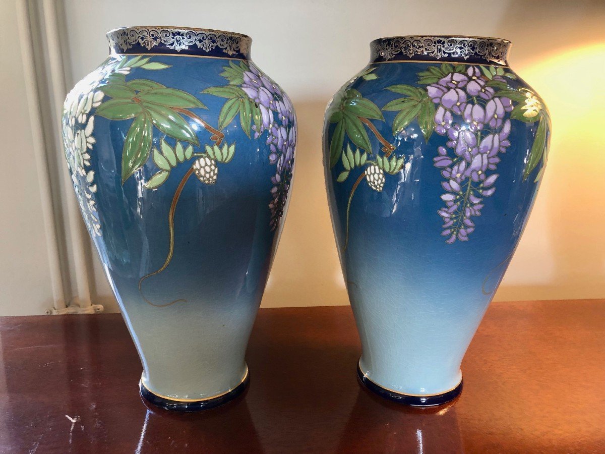 Paire De Vases Boch Keramis à Décor De Glycines -photo-4