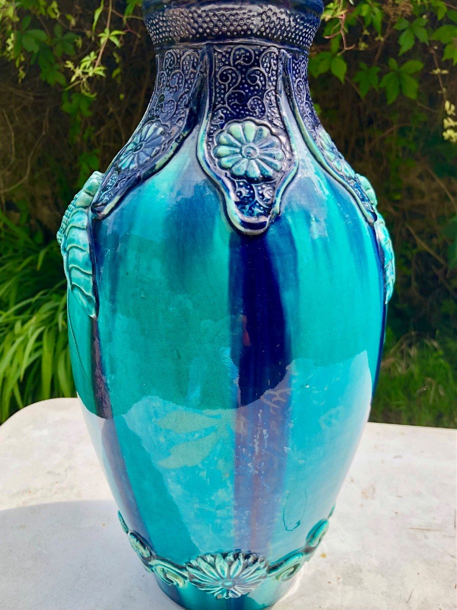 Large Turquoise And Purple Glazed Ceramic Vase, England Circa 1920-photo-2