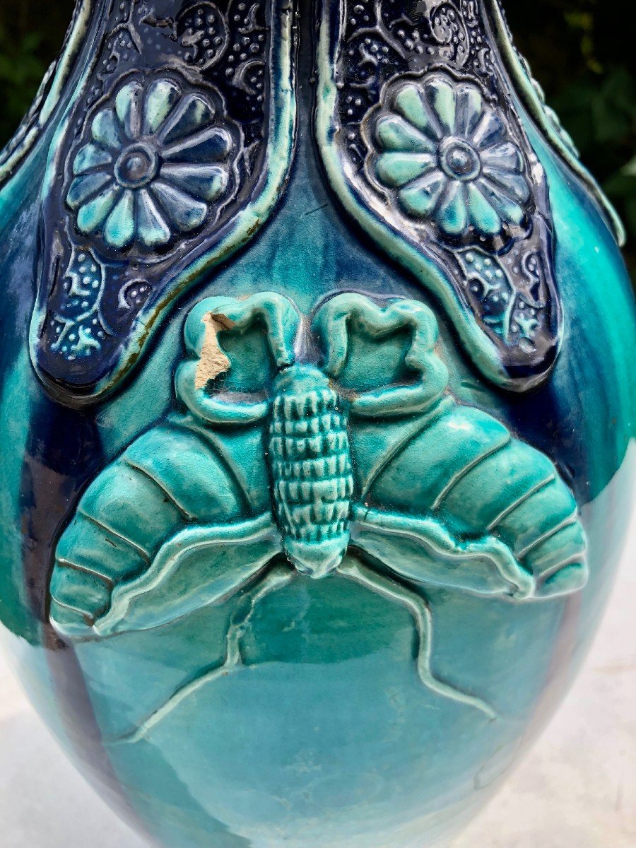 Large Turquoise And Purple Glazed Ceramic Vase, England Circa 1920-photo-3