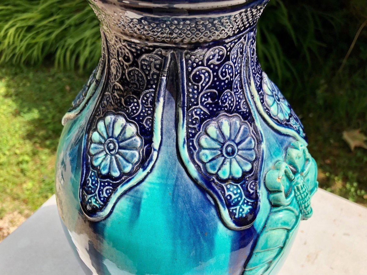 Large Turquoise And Purple Glazed Ceramic Vase, England Circa 1920-photo-4