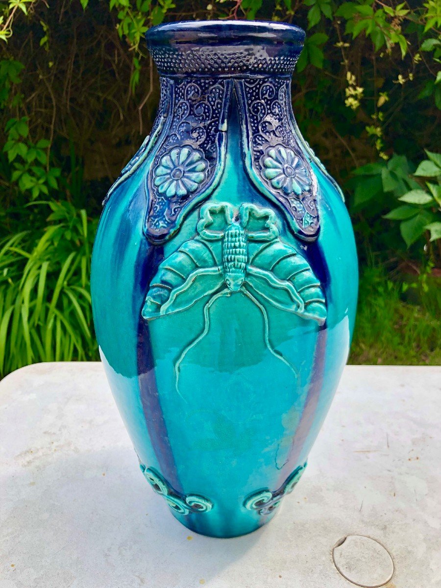 Large Turquoise And Purple Glazed Ceramic Vase, England Circa 1920-photo-1