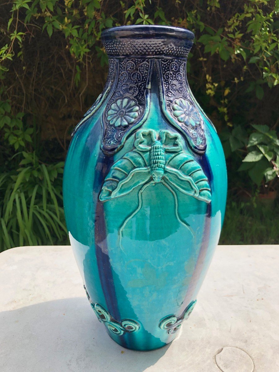 Large Turquoise And Purple Glazed Ceramic Vase, England Circa 1920-photo-5