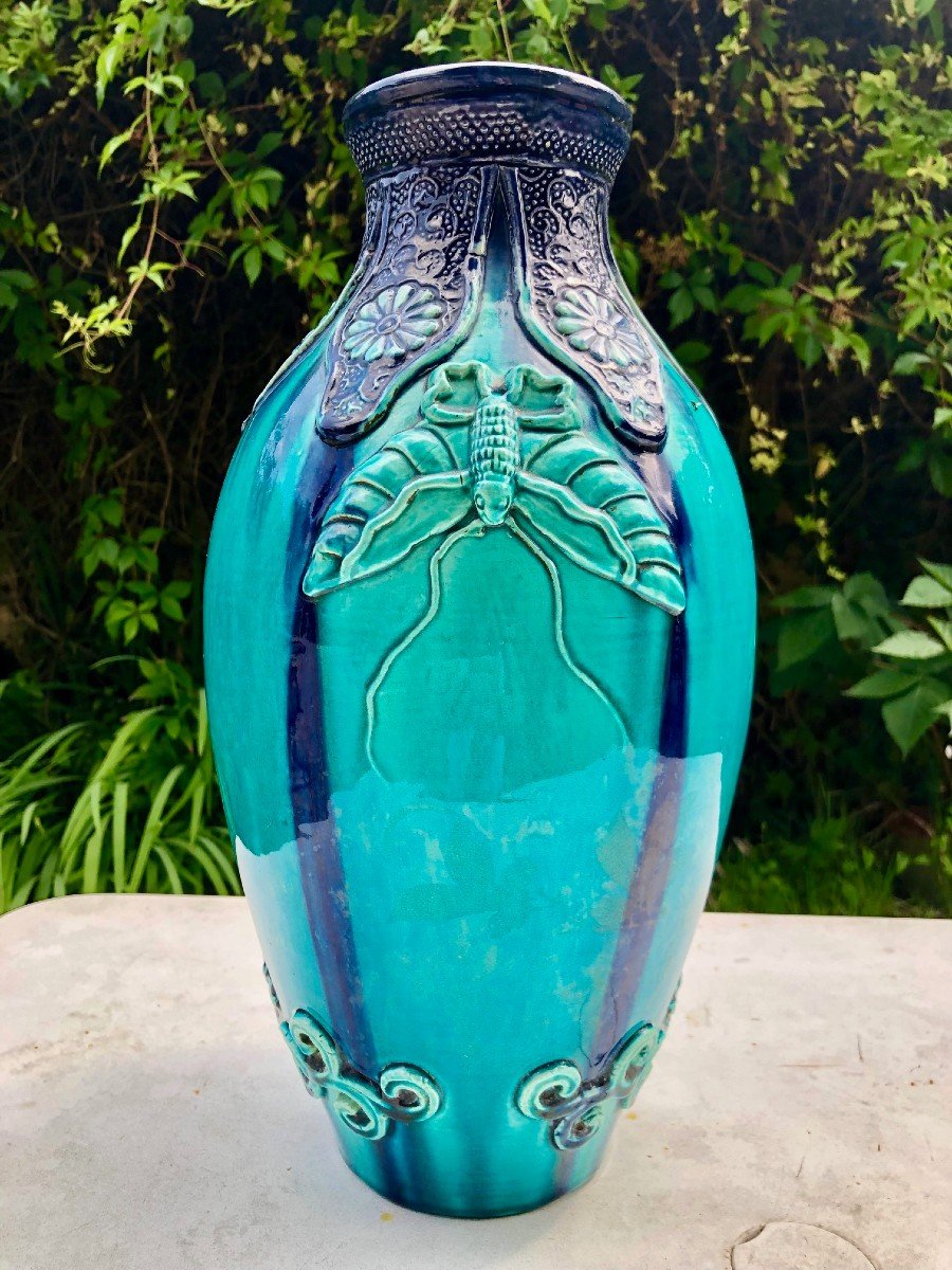 Large Turquoise And Purple Glazed Ceramic Vase, England Circa 1920