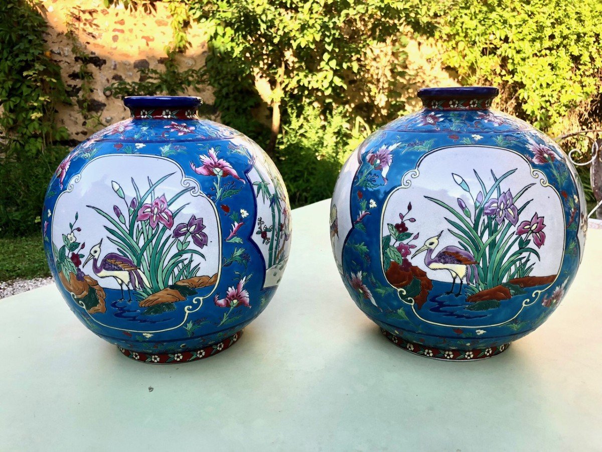 Paire De Vases Boules La Louvière En Céramique émaillée époque Art Déco -photo-2