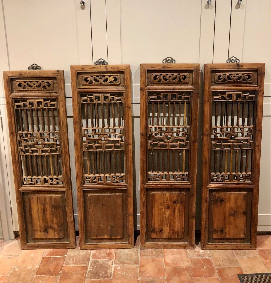 Lot Of 4 Old Indonesian Shutters In Carved Openwork Wood