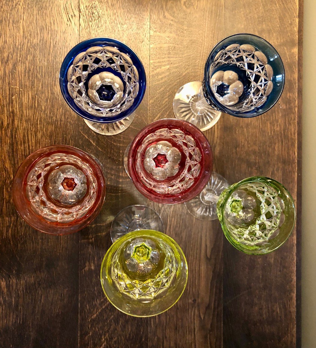 6 Verres à Vin Sur Pied Val Saint Lambert , Cristal Taillé Couleurs Assorties -photo-2