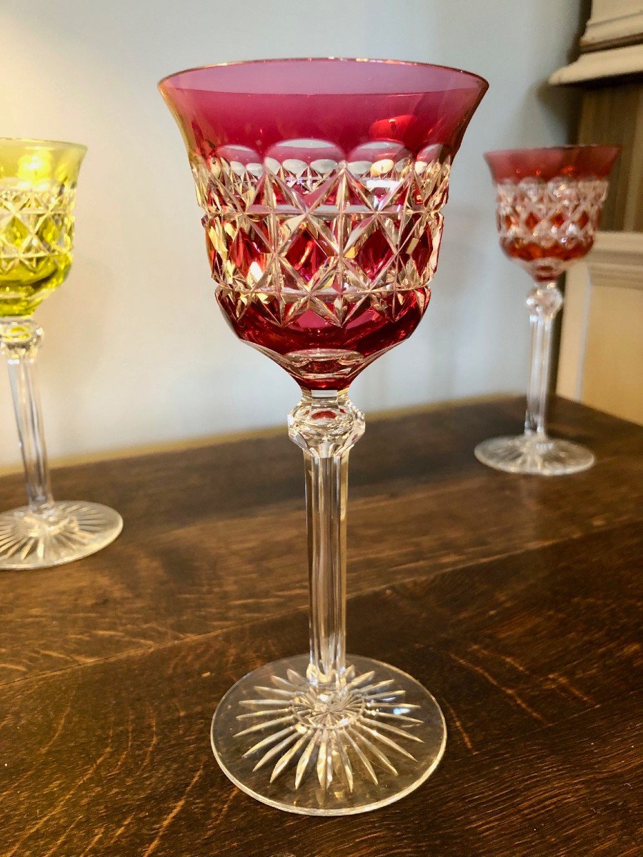 6 Verres à Vin Sur Pied Val Saint Lambert , Cristal Taillé Couleurs Assorties -photo-4