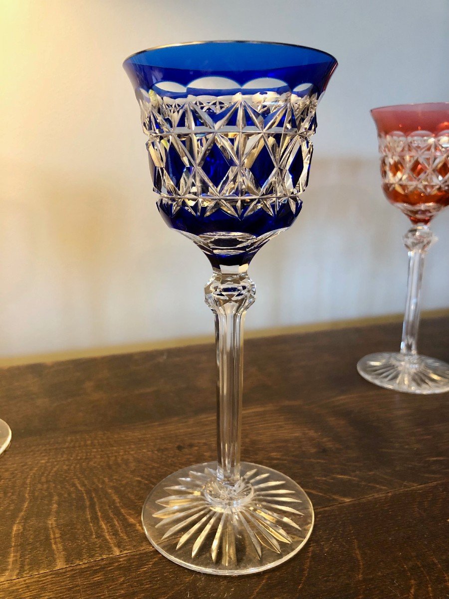 6 Verres à Vin Sur Pied Val Saint Lambert , Cristal Taillé Couleurs Assorties -photo-8