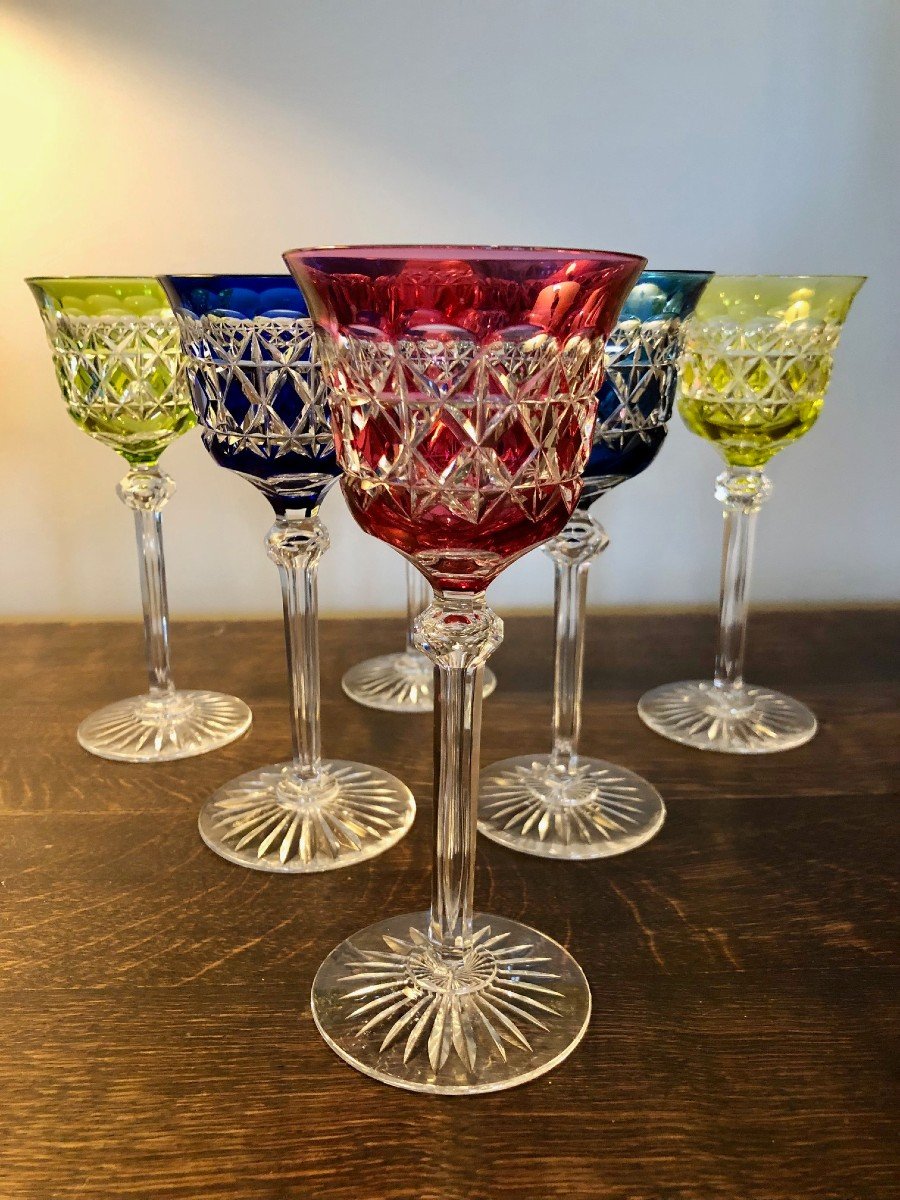 6 Verres à Vin Sur Pied Val Saint Lambert , Cristal Taillé Couleurs Assorties 