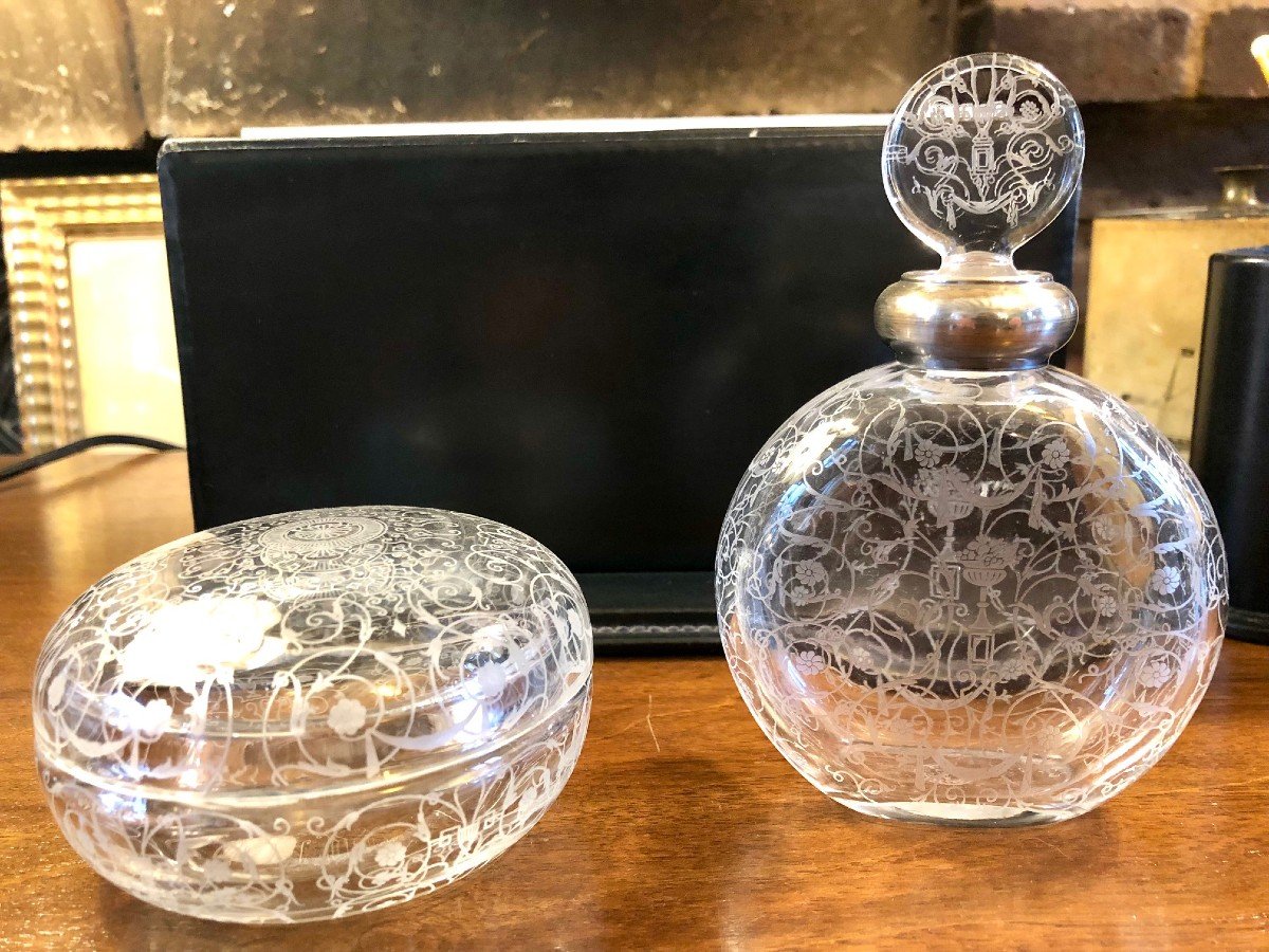 Baccarat Michelangelo: Round Box And Bottle With Silver Collar 19th