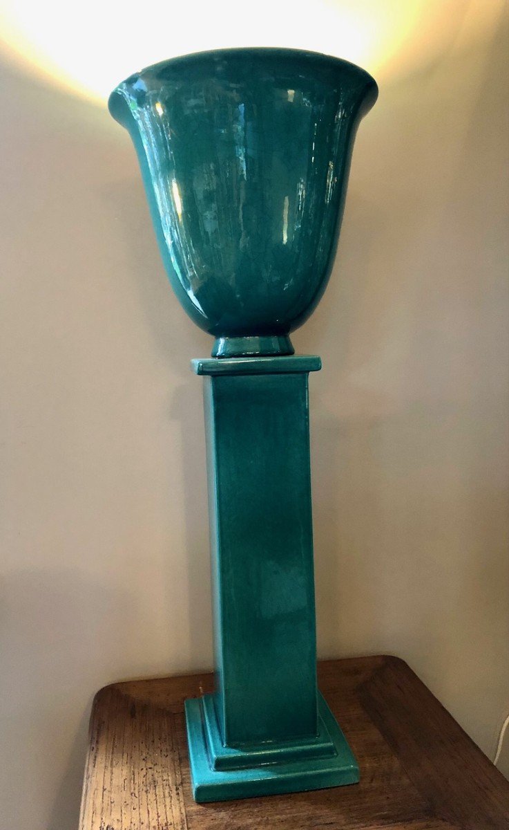 Art Deco Basin And Column Lamp In Turquoise Enameled Ceramic -photo-2