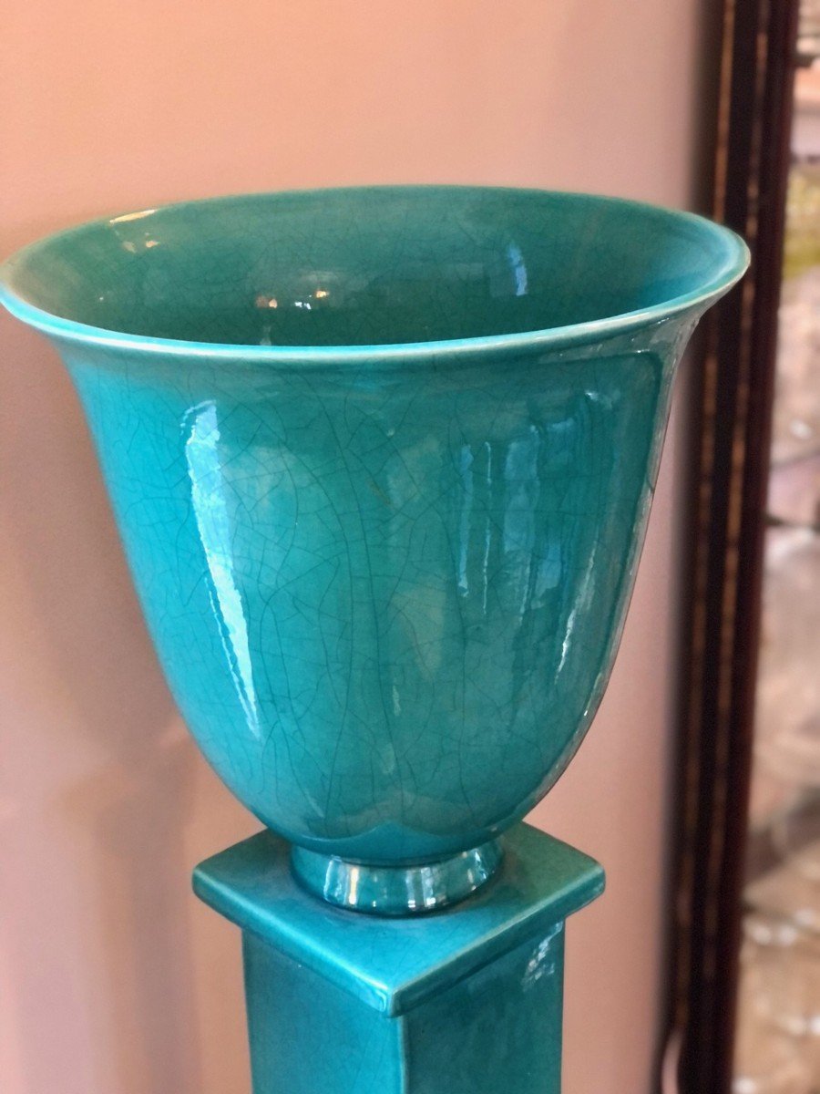 Art Deco Basin And Column Lamp In Turquoise Enameled Ceramic -photo-3