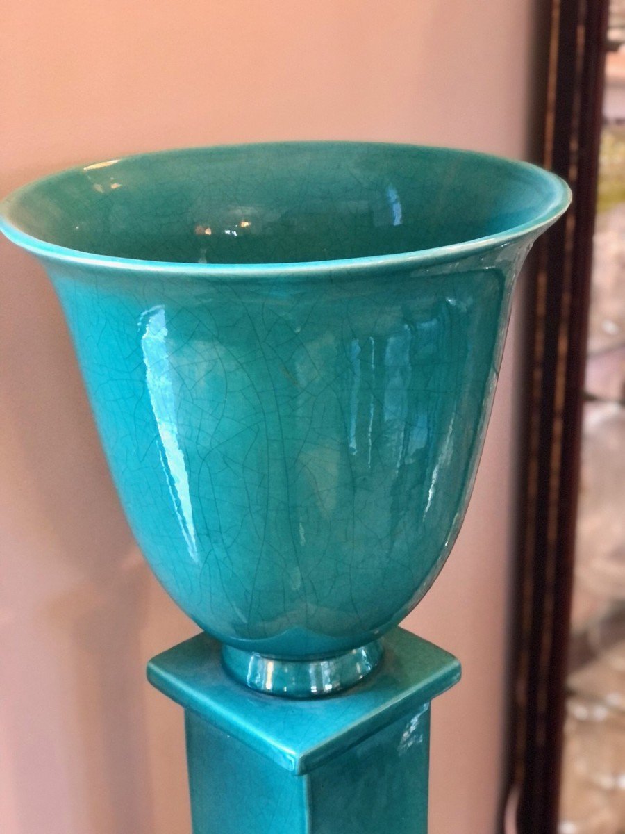 Lampe Vasque Et Colonne Art Déco En Céramique émaillée Turquoise -photo-3