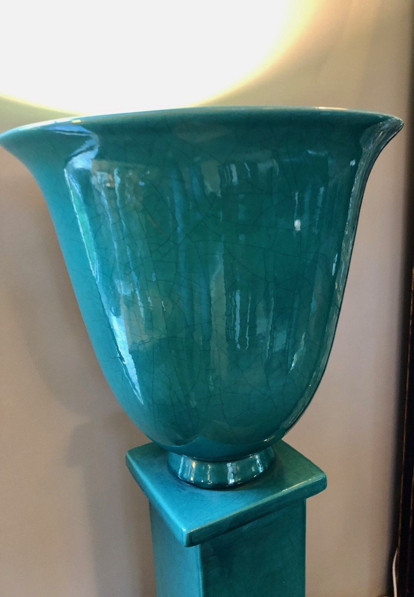 Art Deco Basin And Column Lamp In Turquoise Enameled Ceramic -photo-4