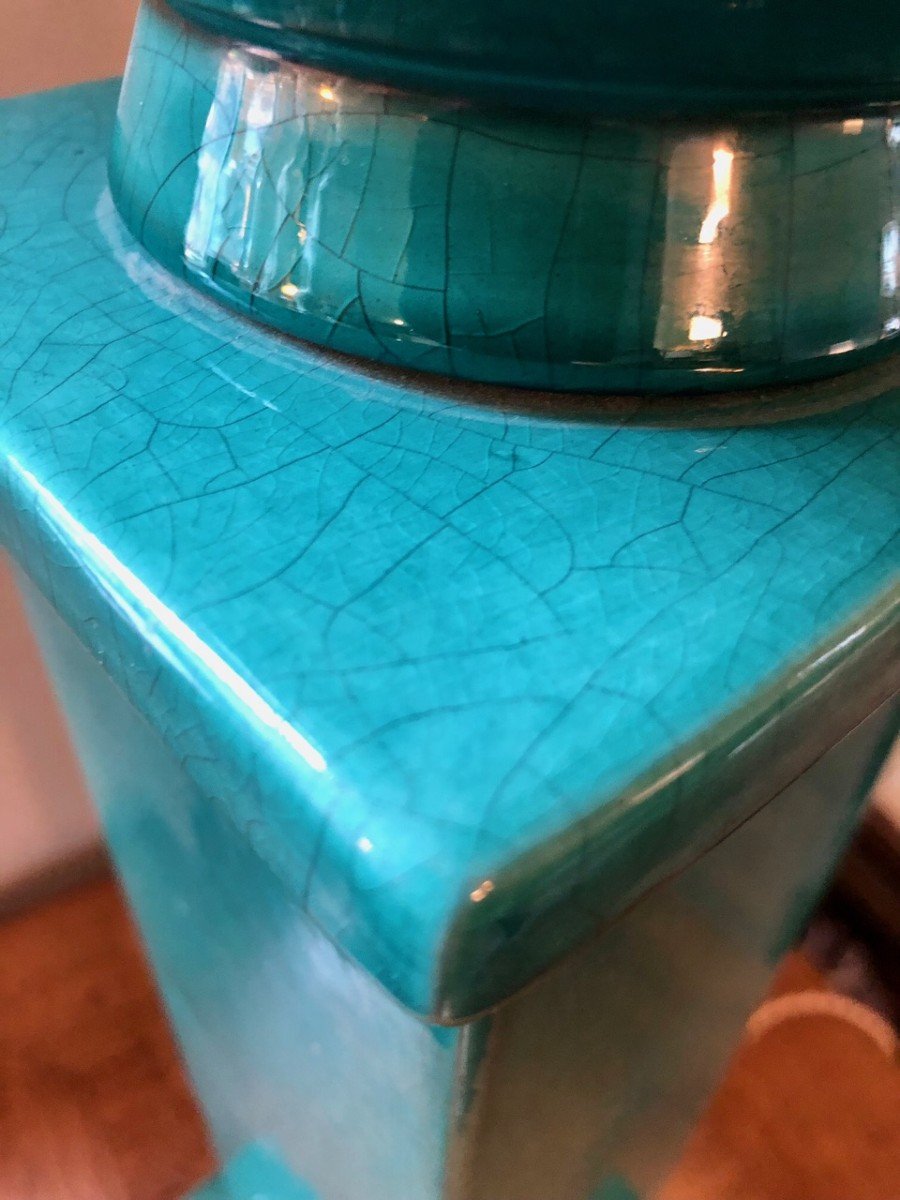 Art Deco Basin And Column Lamp In Turquoise Enameled Ceramic -photo-1