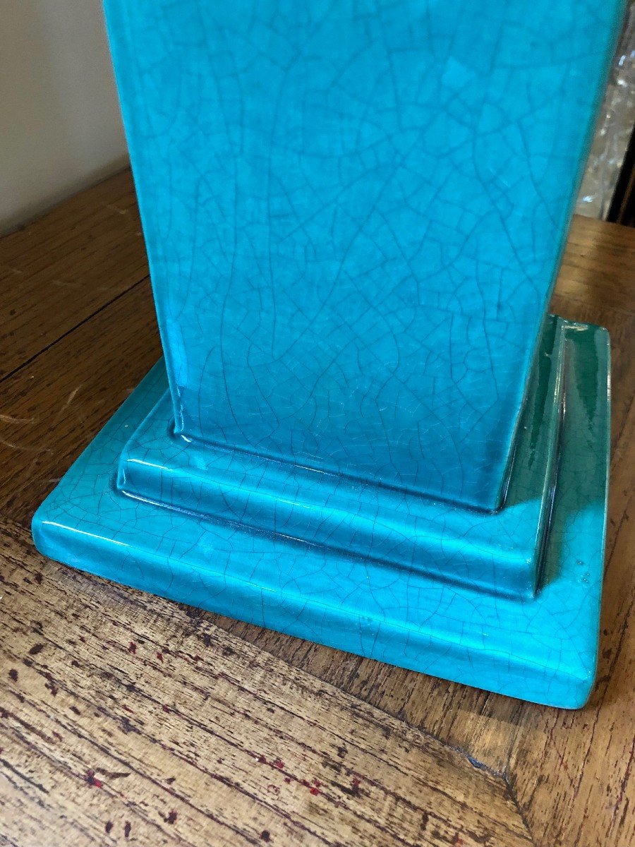 Art Deco Basin And Column Lamp In Turquoise Enameled Ceramic -photo-4