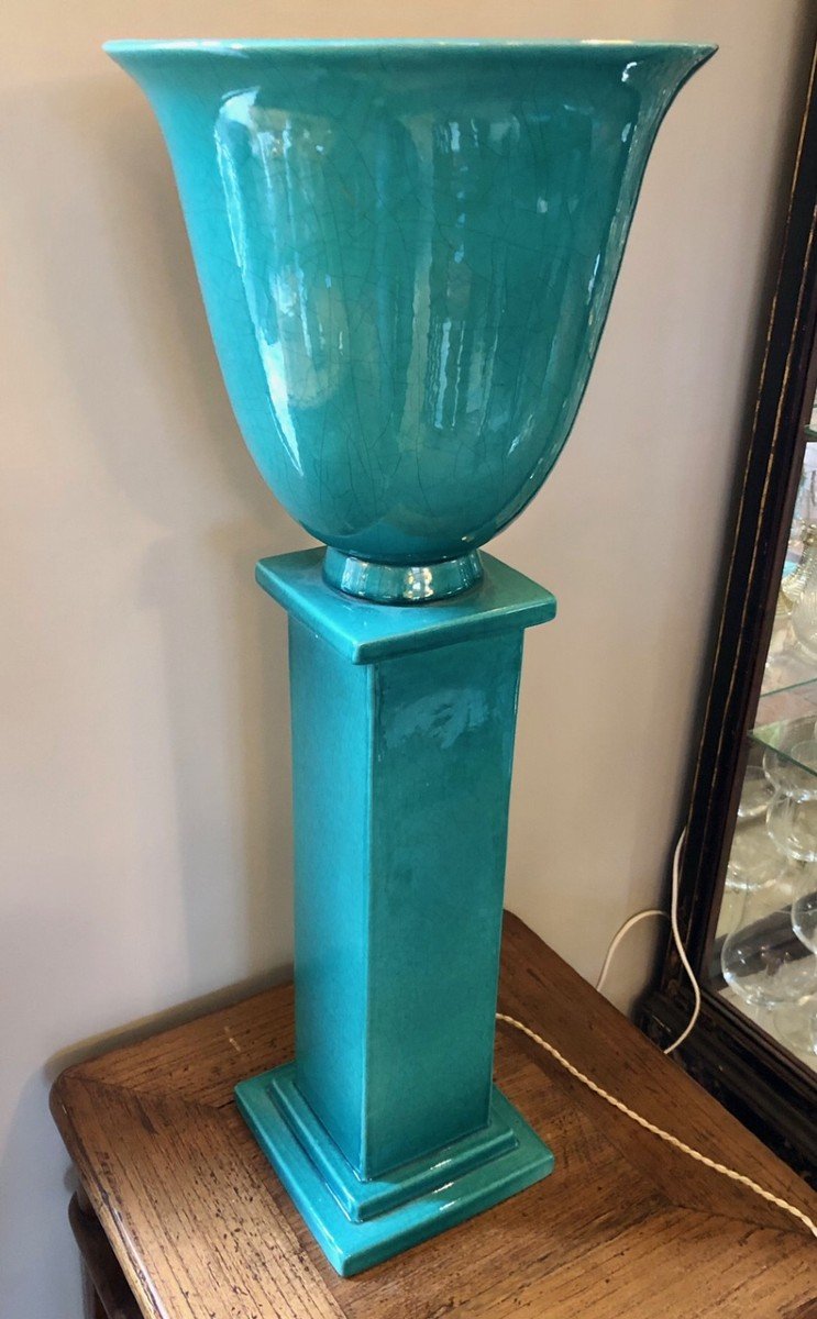 Art Deco Basin And Column Lamp In Turquoise Enameled Ceramic 