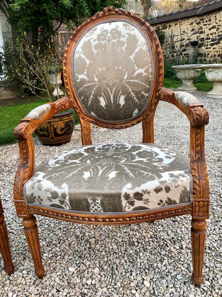 Paire De Fauteuils Médaillon Style Louis XVI Bois Naturel, Tissu soie grise motif feuillages -photo-3