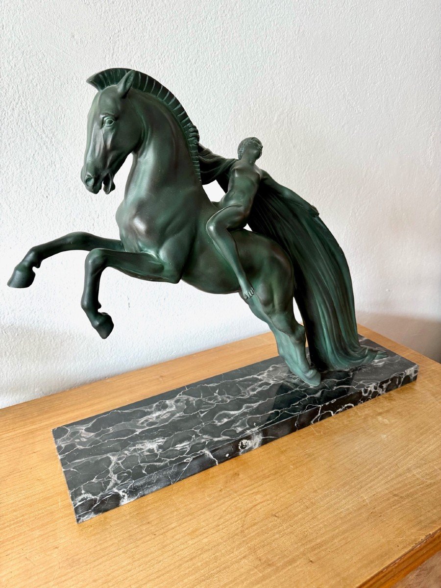 Charles And Max Le Verrier, Chevauchée, Art Deco Cast Iron Antique Green Patina Circa 1930 -photo-4