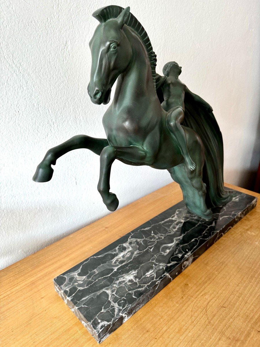 Charles And Max Le Verrier, Chevauchée, Art Deco Cast Iron Antique Green Patina Circa 1930 -photo-4