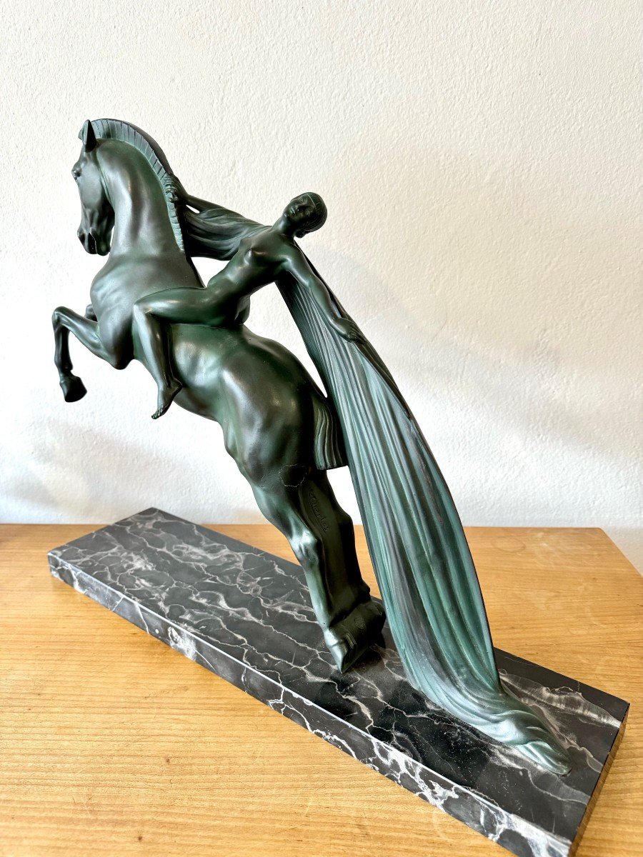 Charles And Max Le Verrier, Chevauchée, Art Deco Cast Iron Antique Green Patina Circa 1930 -photo-5