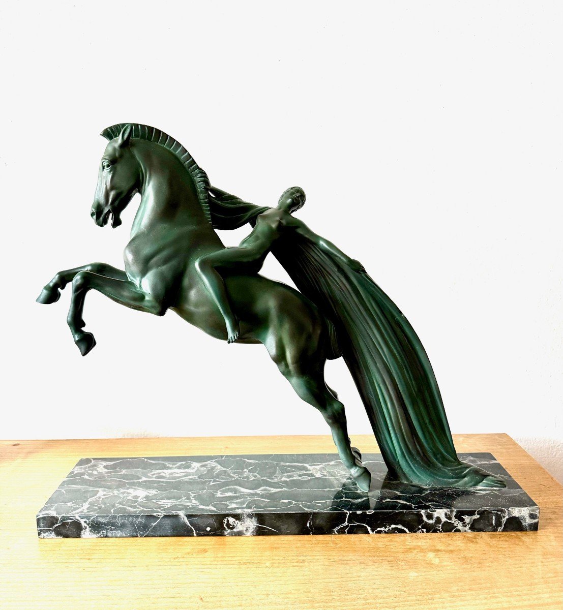 Charles And Max Le Verrier, Chevauchée, Art Deco Cast Iron Antique Green Patina Circa 1930 