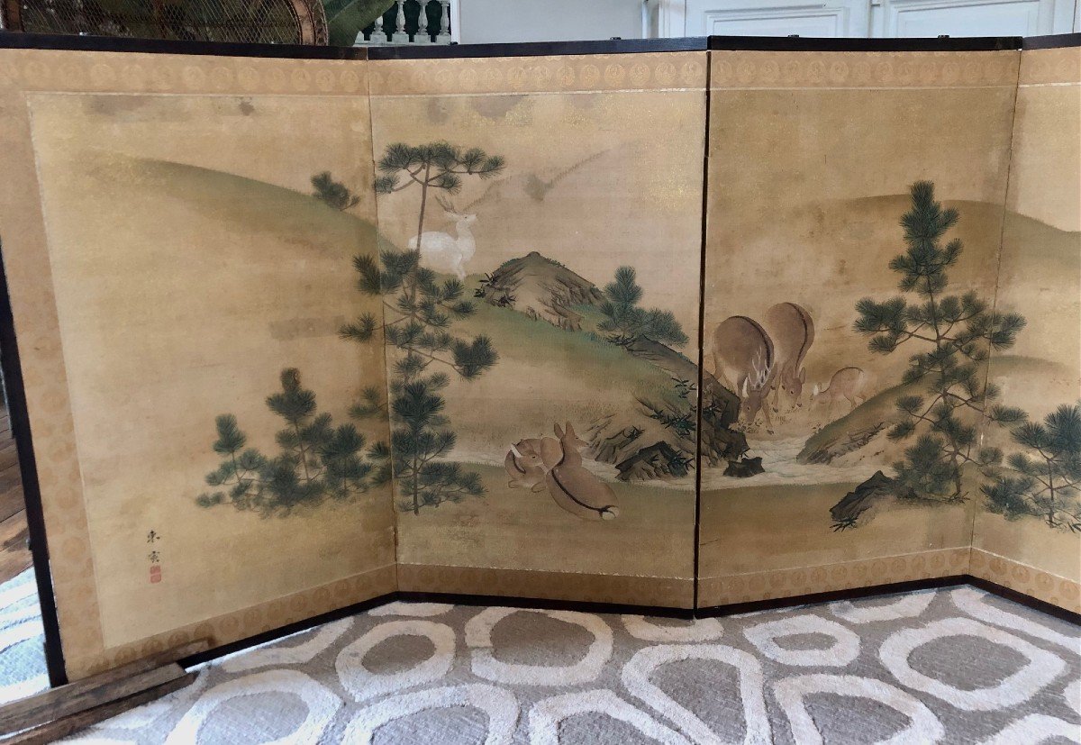 Japanese Byobu Screen With 6 Leaves, Decor Of Deer And Pines On A Gold Background, Early 20th Century -photo-2