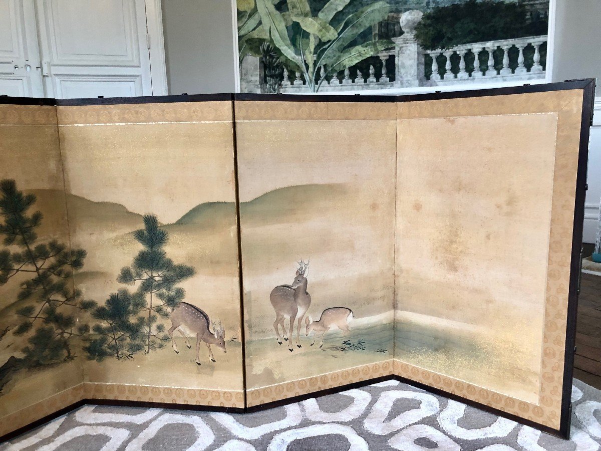 Japanese Byobu Screen With 6 Leaves, Decor Of Deer And Pines On A Gold Background, Early 20th Century -photo-3