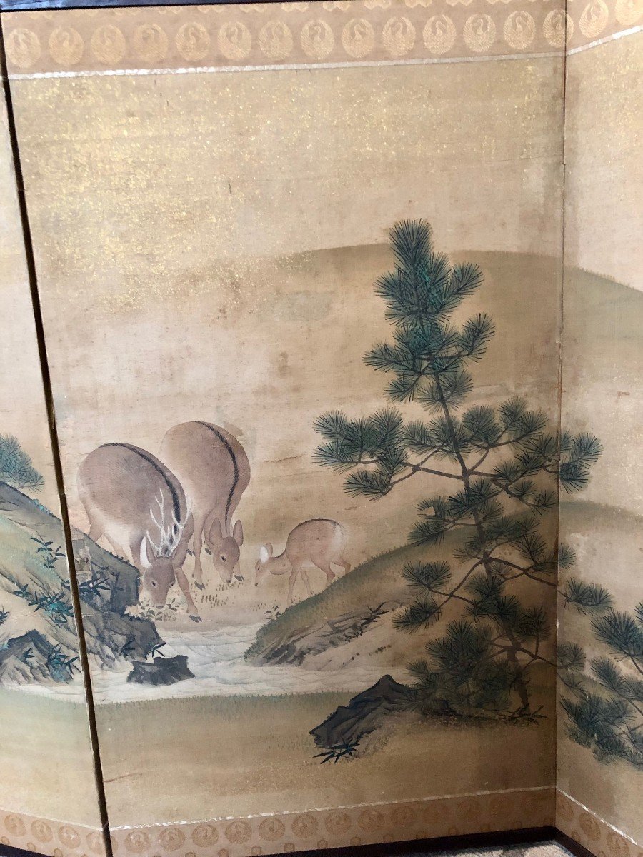 Paravent Byobu Japonais à 6 Feuilles, Décor De Biches Et De Pins Sur Fond Or , Début XXe -photo-3