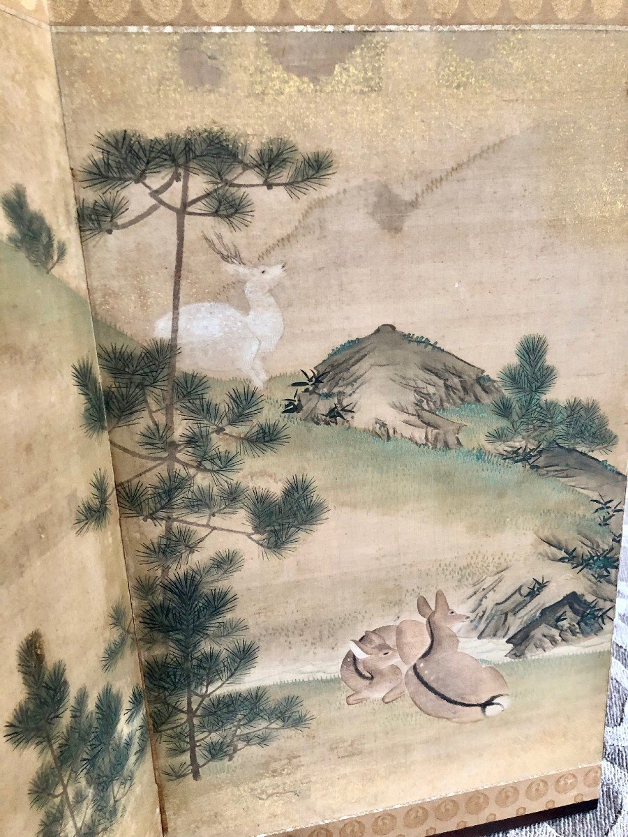 Japanese Byobu Screen With 6 Leaves, Decor Of Deer And Pines On A Gold Background, Early 20th Century -photo-5