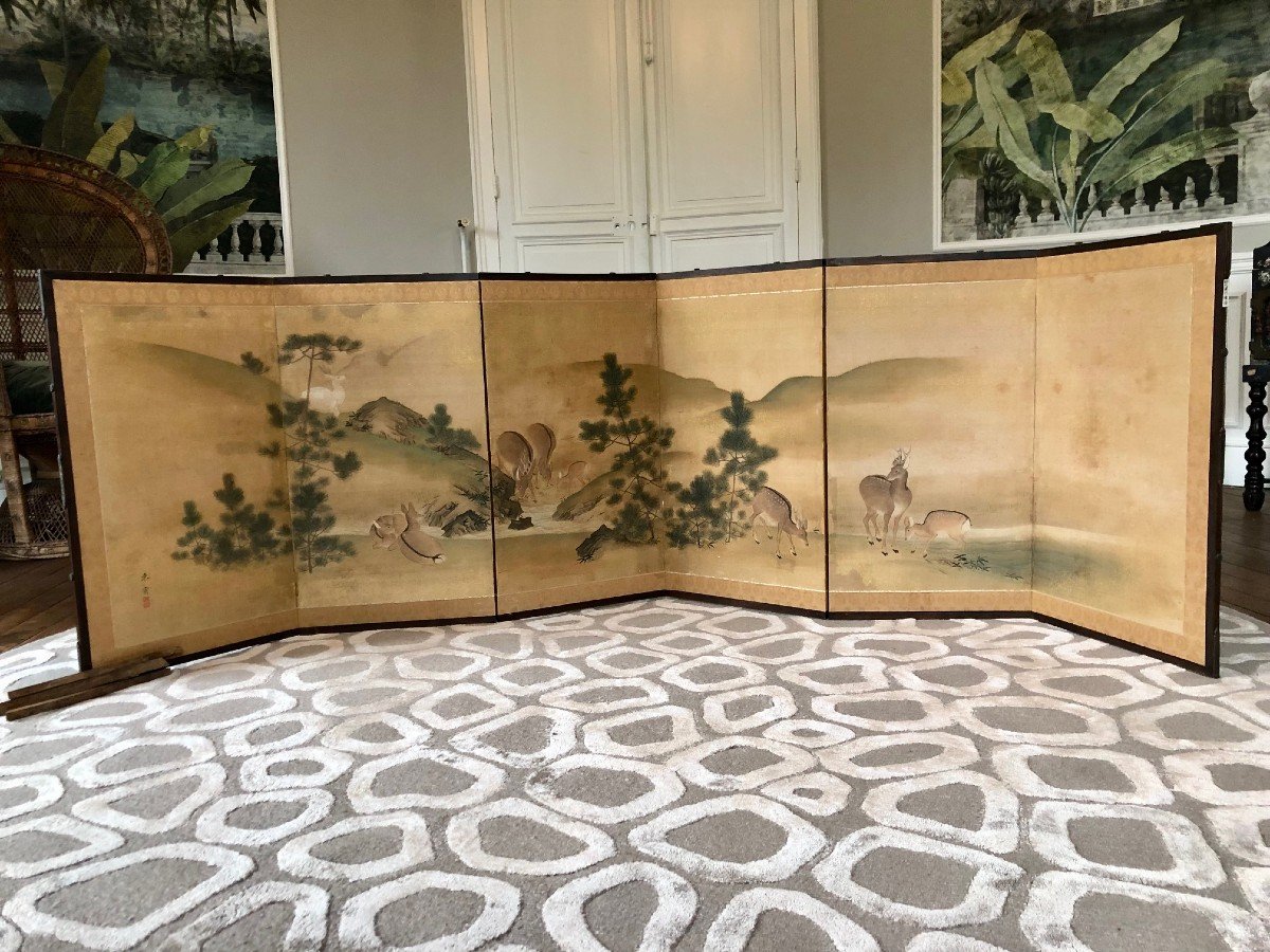 Paravent Byobu Japonais à 6 Feuilles, Décor De Biches Et De Pins Sur Fond Or , Début XXe 