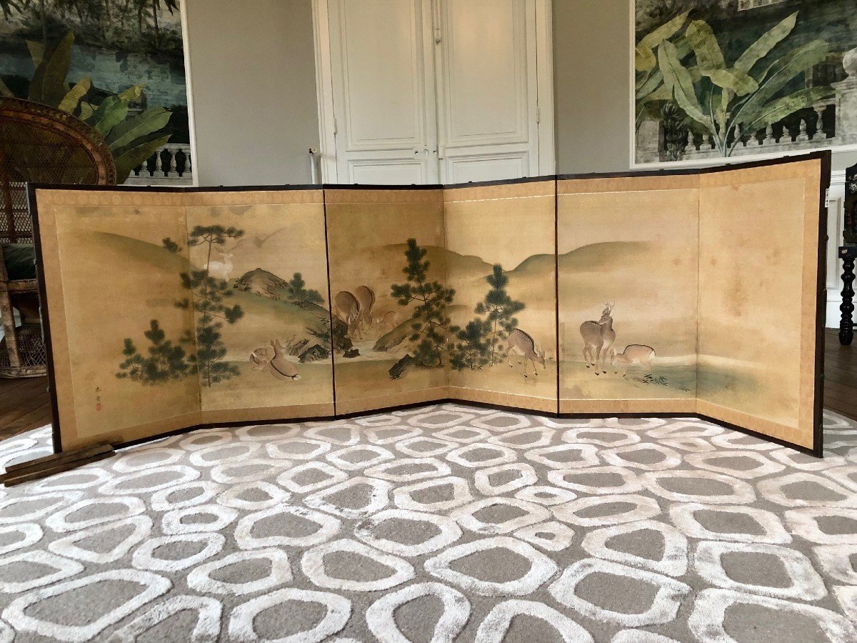 Japanese Byobu Screen With 6 Leaves, Decor Of Deer And Pines On A Gold Background, Early 20th Century 