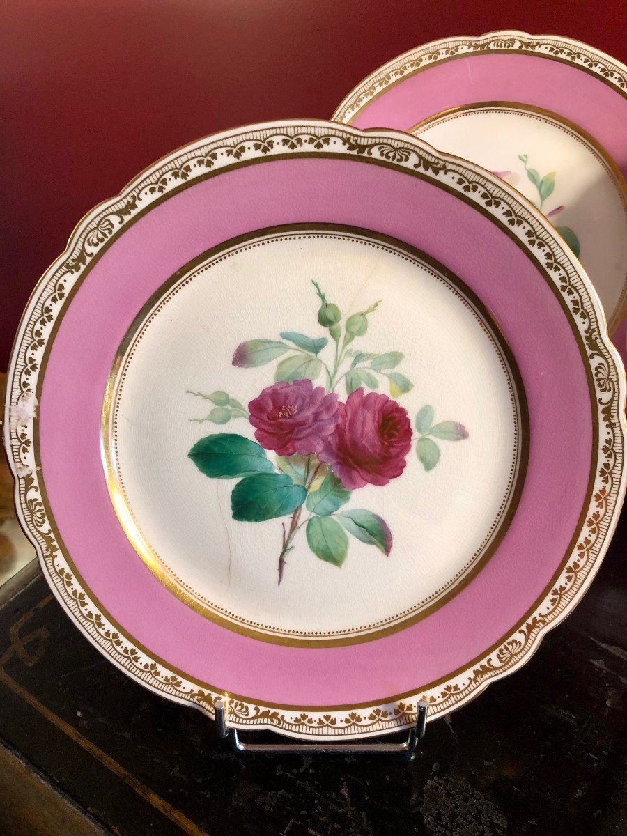 19th Century Paris Porcelain: 7 Plates And A Cup, Flower Decor -photo-4