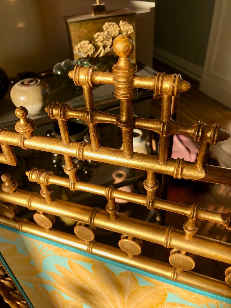 19th Century Napoleon III Gilded Bamboo Style Wood Fire Screen, Completely Reupholstered-photo-1