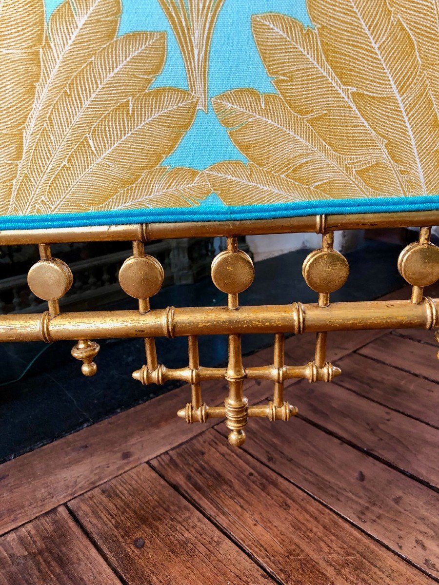 19th Century Napoleon III Gilded Bamboo Style Wood Fire Screen, Completely Reupholstered-photo-6