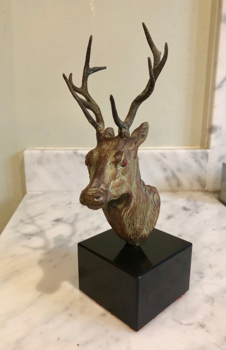 Small Bronze Deer Head On Black Marble Base, Beautiful Patina -photo-2