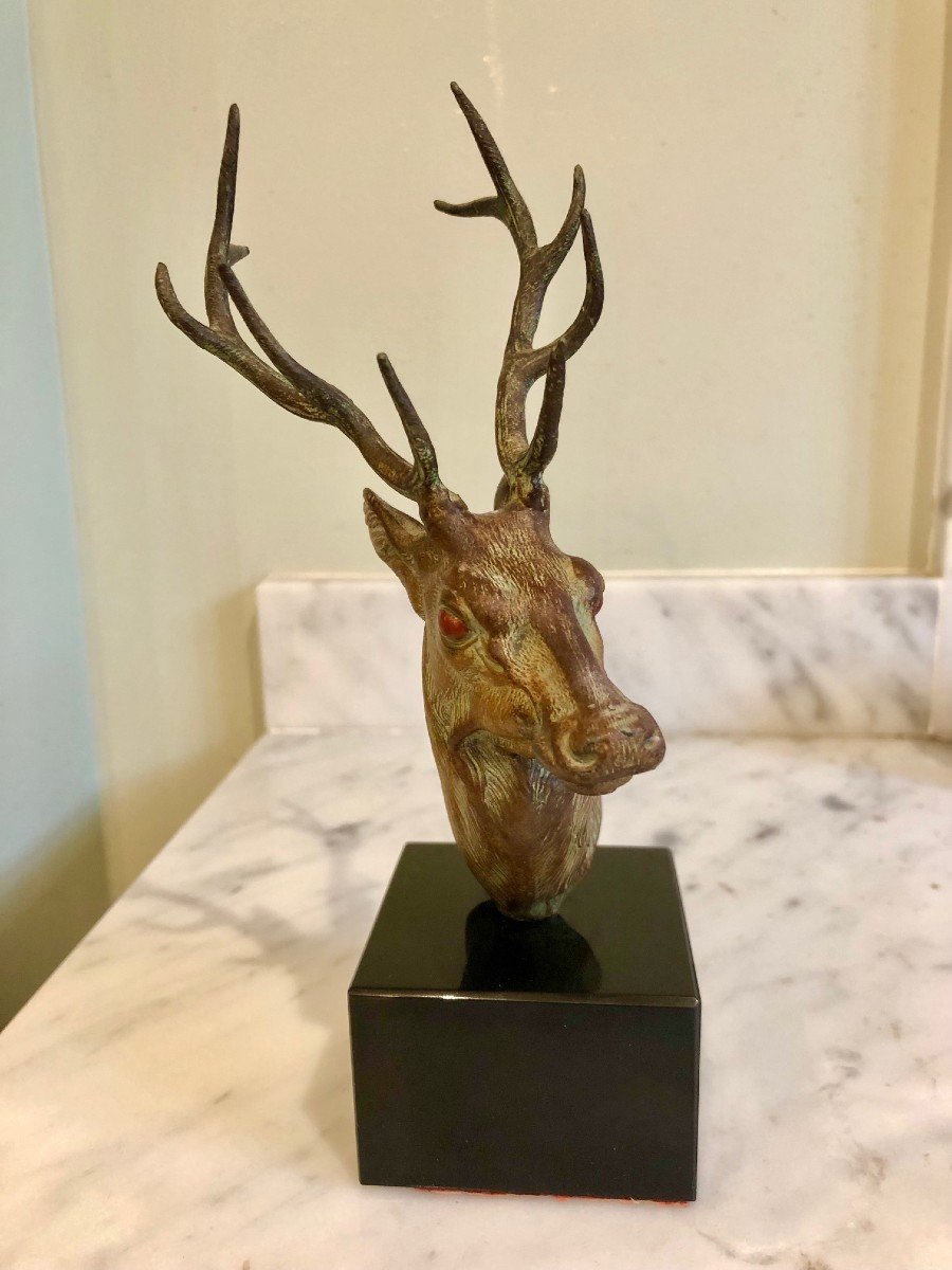 Small Bronze Deer Head On Black Marble Base, Beautiful Patina -photo-2