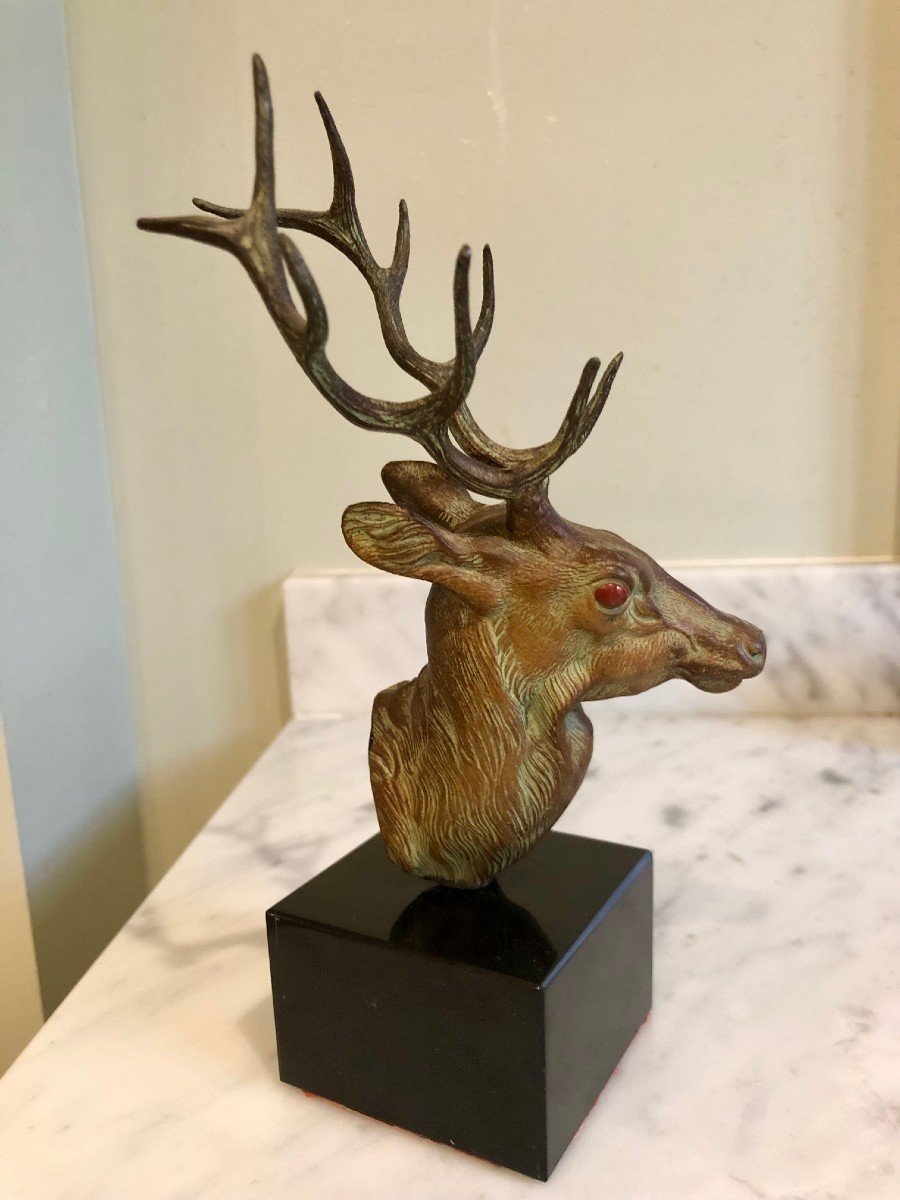 Small Bronze Deer Head On Black Marble Base, Beautiful Patina 