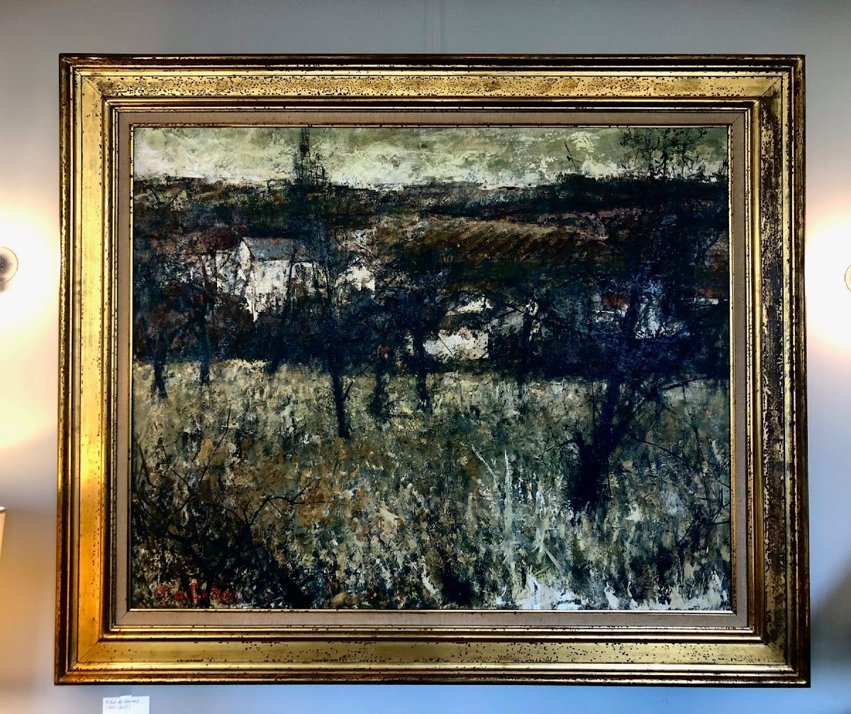 Michel De Gallard (1921-2007) Paysage , Grande Huile Sur Toile , Cadre En Bois Doré d'Origine 