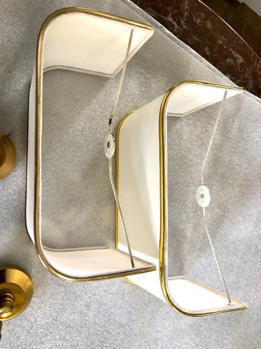 Pair Of Maison Charles "water Lilies" Wall Lights In Gilt Bronze, Restored Lampshades -photo-3