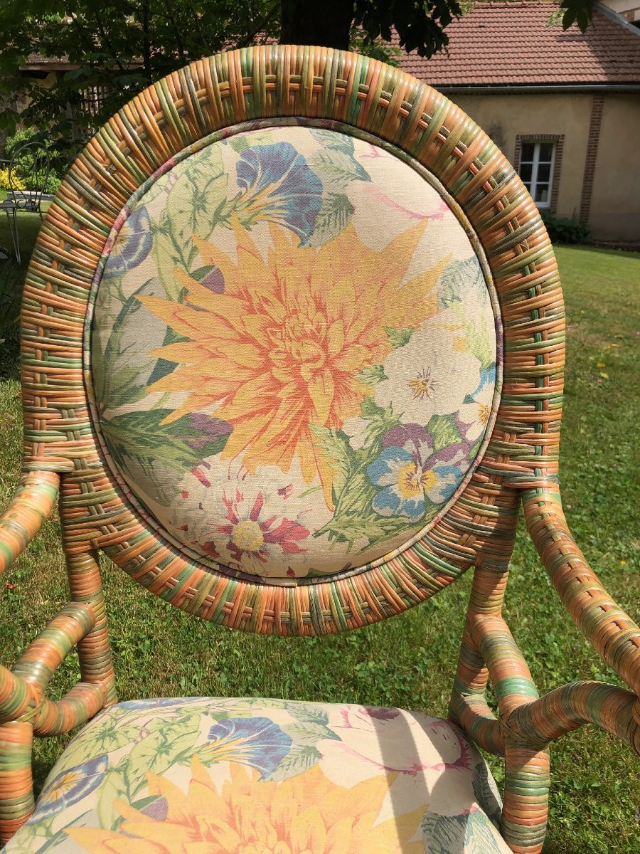 Set Of 6 Garden Or Veranda Armchairs In Rislan And Floral Fabric -photo-3