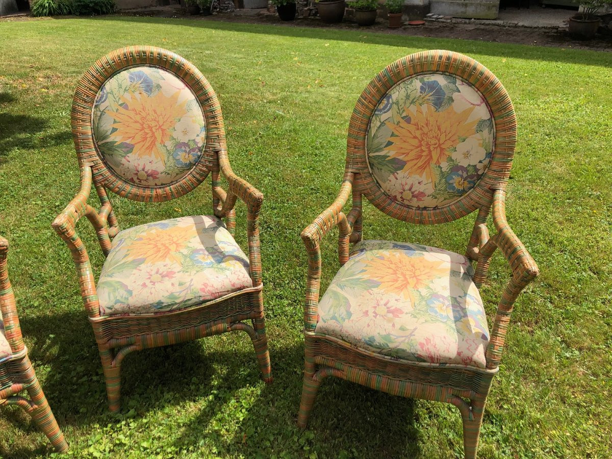 Set Of 6 Garden Or Veranda Armchairs In Rislan And Floral Fabric -photo-1