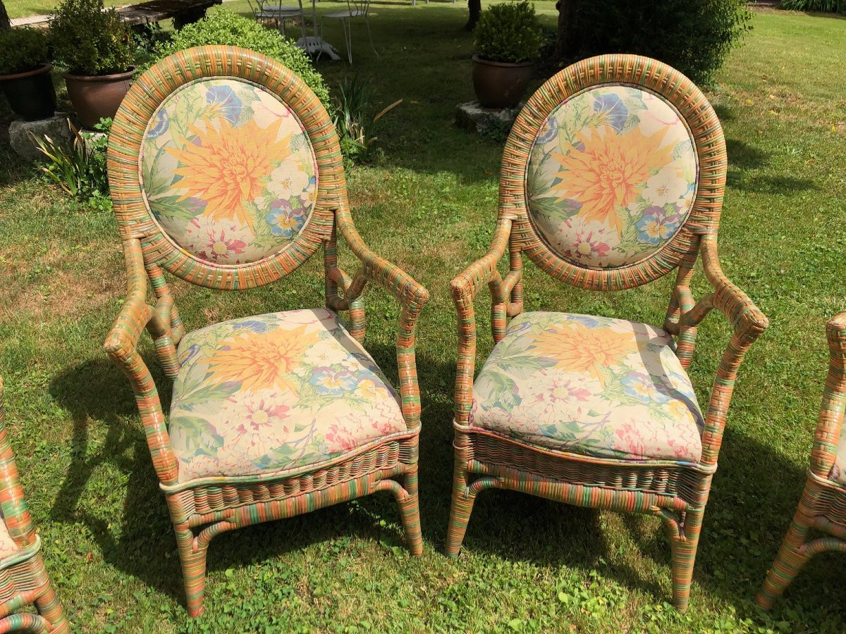 Set Of 6 Garden Or Veranda Armchairs In Rislan And Floral Fabric -photo-2